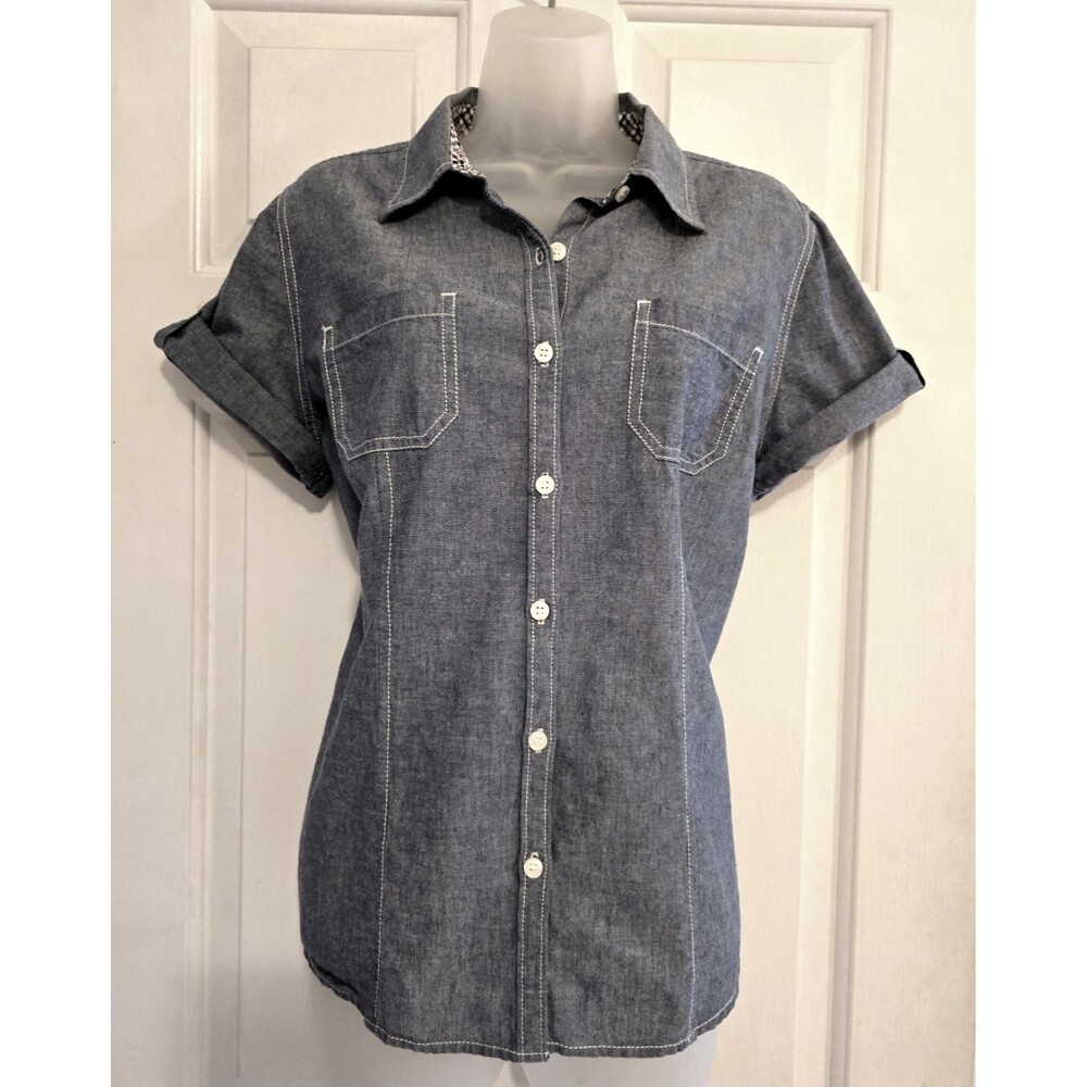 Womens L Blue Chambray Denim Cowgirl Short Sleeve Shirt VTG Y2K Coastal Grandma
